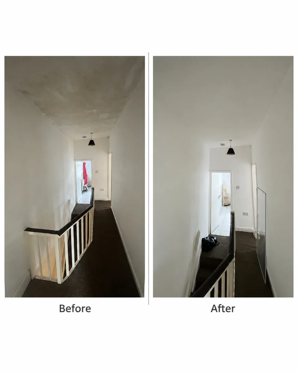Side-by-side landing photographs labelled Before and After, showing a marked ceiling and a white-painted ceiling