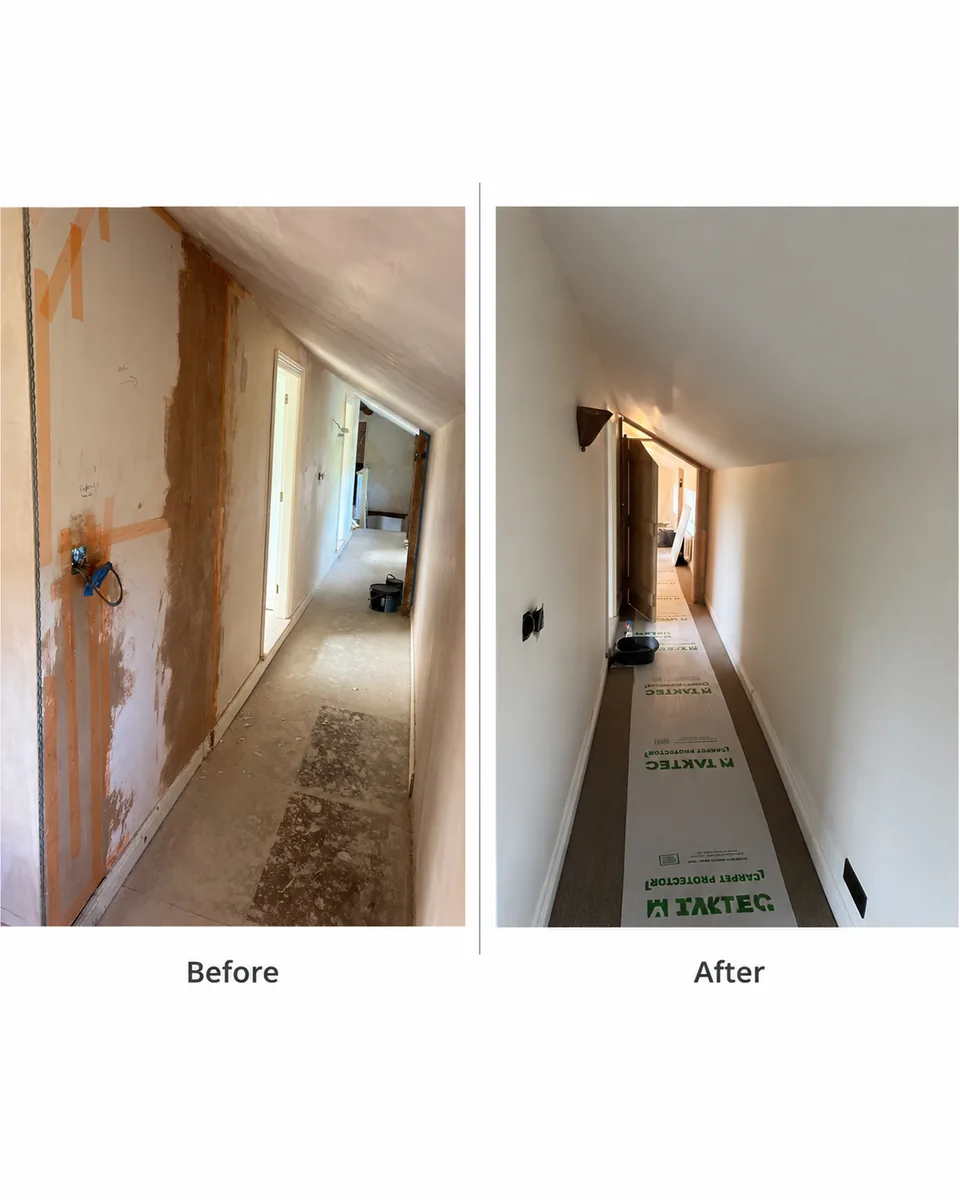 Side-by-side hallway photographs labelled Before and After, showing preparation and a white-painted finish
