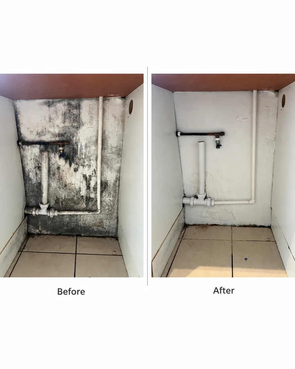 Side-by-side under-sink photographs labelled Before and After, showing dark surface staining and the area with a white finish